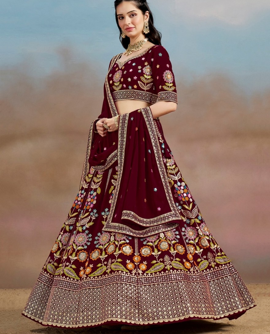 6008-Maroon - Stunning maroon Thread Work Georgette Engagement Wear Lehenga With Blouse